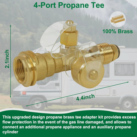 RV Propane Kit With 4 Port Brass Tee, side view showcasing brass material, measurement details, camping van in background.
