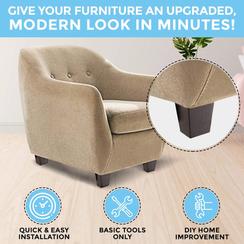 Espresso Wood Furniture Legs Set Of 4 5 Inch Square Screw In Replacement Feet For Sofas Couches And Coffee Tables Durable Tapered Bench Legs With Modern Dark Finish for easy upgrades and renovations DIY friendly attached to beige chair.