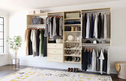 Top Shelf Dual Tower Closet Kit 10 Foot Deluxe Wall Mounted Gear Locker System Heavy Duty Steel Rod Rack with organized clothing and drawers.