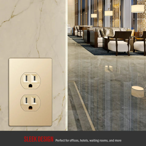 Elite Series Tamper Resistant Duplex Outlet With Screwless Wall Plate And Grounding Residential Grade 15A 125V Receptacle UL Listed Gold Finish shown installed in luxury setting
