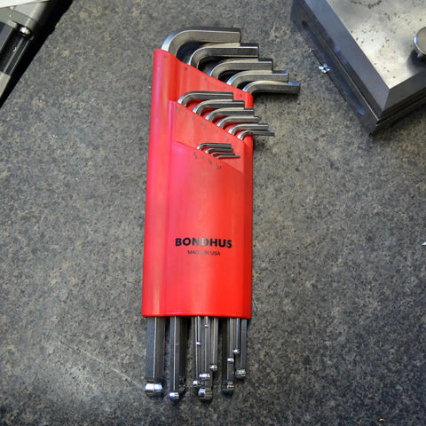 Set Of 15 Balldriver L Wrenches With BriteGuard Plating, displayed in red Bondhex case on a workbench.