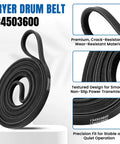 Upgraded 134503600 Dryer Drum Belt showing textured design, premium material, and precision fit with labeling detail