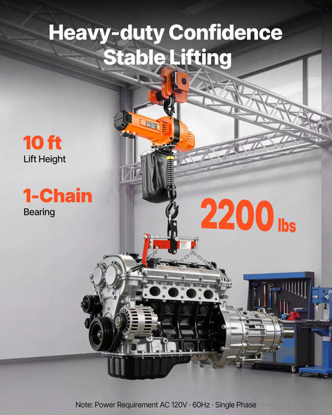 Heavy Duty 2200 Lbs Electric Chain Hoist With 10 Ft Lift, 120V Single Phase Motor, G100 Grade Steel Cable lifting an engine.