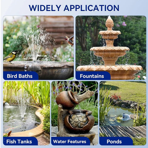 Various applications of 8 Watt Solar Water Pump With Dry Run Protection No Plug Needed For Bird Baths And Small Ponds.