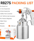 Pro Grade HVLP Siphon Paint Spray Gun Featuring 1000CC Aluminum Cup And Built In Pressure Regulator with accessories and packing list.