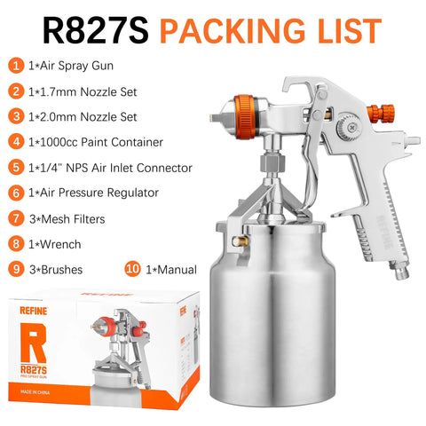 Pro Grade HVLP Siphon Paint Spray Gun Featuring 1000CC Aluminum Cup And Built In Pressure Regulator with accessories and packing list.