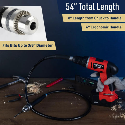 Flexible Drive Drill Bit Extension Flex Shaft Rotary Tool Accessory Fits 3 8 Inch Chucks shown with drill for tight spaces.