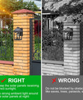 Two Pack Solar Wall Lantern Lights With Motion Sensor Dusk To Dawn Waterproof LED Wall Sconce Exterior Porch Light Fixtures Warm White 3200K Three Lighting Modes For Fence Patio Garage Garden Yard illustrating correct and incorrect placement.