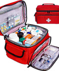 Red First Aid Bag Kit 12 By 9 By 7 Inches Grab And Go Portable Medical Emergency Organizer Rugged Nylon Storage Case open with supplies
