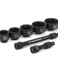 Six Piece Oil Canister Socket Set Service Kit with Black Oxide Coating displayed in six common sizes for automotive use