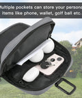 Open Durable Nylon Golf Pouch With Clip, Multi Pocket Organizer showing phone, golf balls, and keys inside zippered compartment