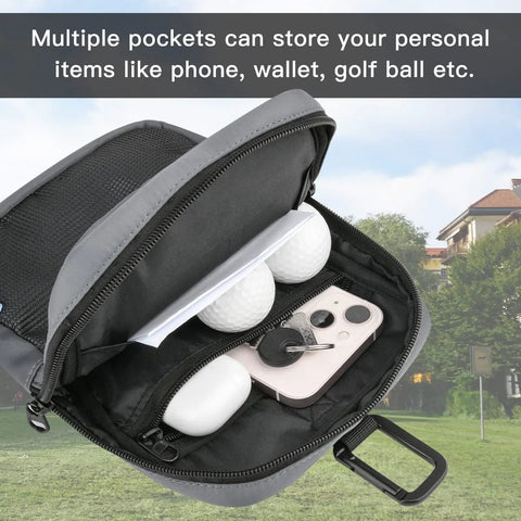 Open Durable Nylon Golf Pouch With Clip, Multi Pocket Organizer showing phone, golf balls, and keys inside zippered compartment