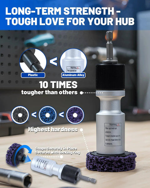 Drill Powered Wheel Hub Cleaning Tool With 3 Cleaning Pads For Rust Removal on wooden surface, aluminum alloy material