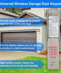 Upgrade Your Garage With This Handy Keyless Entry Keypad Plus Two Pack Of Three Button Remotes Compatible With Major Openers Since Nineteen Ninety Three Replaces Old Models For Super Easy Access Every Day, showing keypad with red display