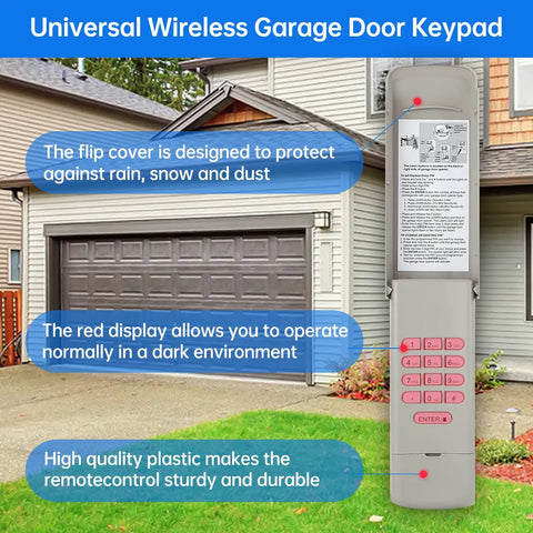Upgrade Your Garage With This Handy Keyless Entry Keypad Plus Two Pack Of Three Button Remotes Compatible With Major Openers Since Nineteen Ninety Three Replaces Old Models For Super Easy Access Every Day, showing keypad with red display