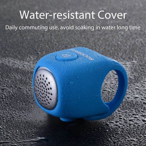 Electric Bike Bell With 90dB Alert And 3 Sound Modes Waterproof Black Finish Easy To Install For Daily Commutes Durable Bicycle Horn For E Bikes Loud Yet Clear Warning For Safer Rides blue silicone bell with water-resistant cover on wet surface