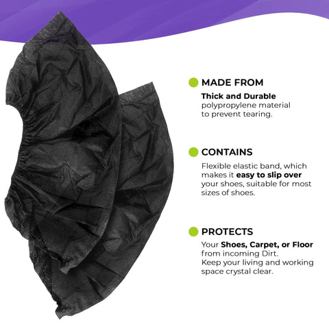 Black Disposable Indoor Shoe Covers 16 By 6 Inches Pack Of 100 With Secure Elastic And Seamless Bottom Durable 35 GSM Polypropylene Booties