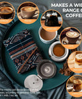 Two Cup 100ml Stainless Steel Moka Pot Espresso Coffee Maker with coffee selection around, displayed with blanket for camping.