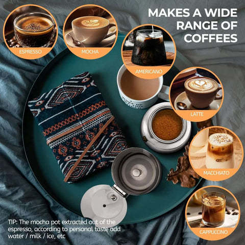 Two Cup 100ml Stainless Steel Moka Pot Espresso Coffee Maker with coffee selection around, displayed with blanket for camping.