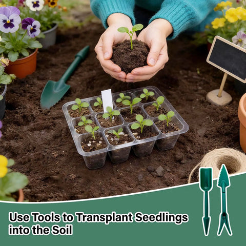 Person transplanting seedling using Six Pack Seed Starter Kit With Grow Light And 72 Cell Plant Starter Trays into garden soil