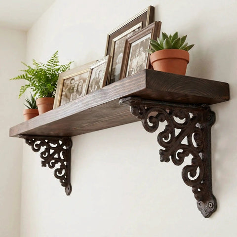 Built Like A Tank 4 Pack Solid Cast Iron Shelf Brackets 4x4 Inch Heavy Duty Corner Supports For Floating Shelves vintage brown bracket with wooden shelf and plants.