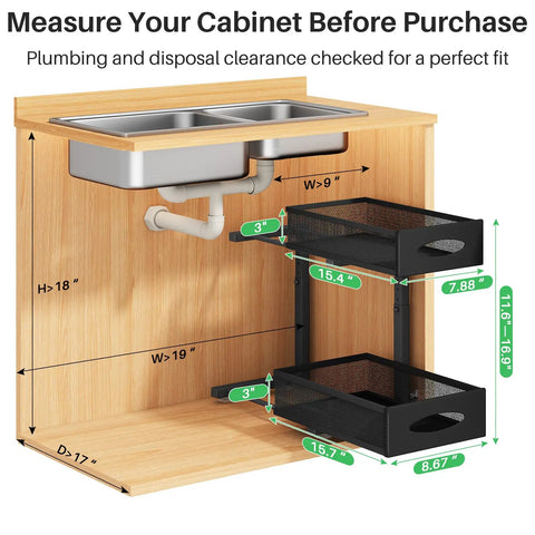 Two Tier Under Sink Organizer With Butter Smooth Mesh Sliding Drawers And Silent Roll Tracks dimensions for cabinet fit.