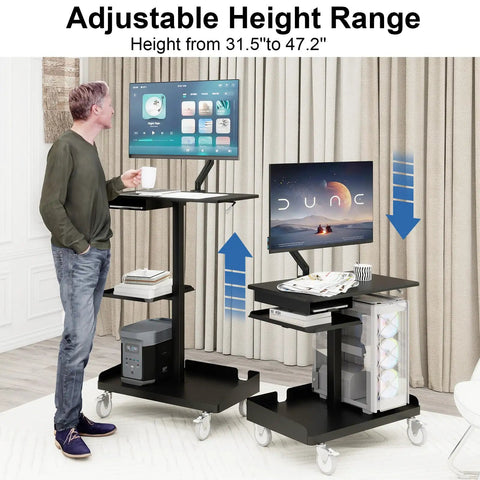 Heavy Lifter Mobile Workstation Cart With No Sweat Rolling Casters And Fully Adjustable Gas Spring Monitor Stand Plus Secure CPU Tray For Seamless Standing Desk Transitions In Matte Black in use, height adjustable from 31.5" to 47.2".