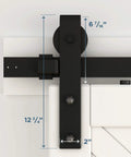 Top view of Designer Interior Barn Door Hardware Kit 72 Inch Matte Black Sliding Track showing 6.4375 inch roller and hardware dimensions.