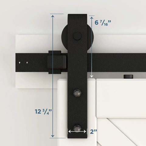 Top view of Designer Interior Barn Door Hardware Kit 72 Inch Matte Black Sliding Track showing 6.4375 inch roller and hardware dimensions.