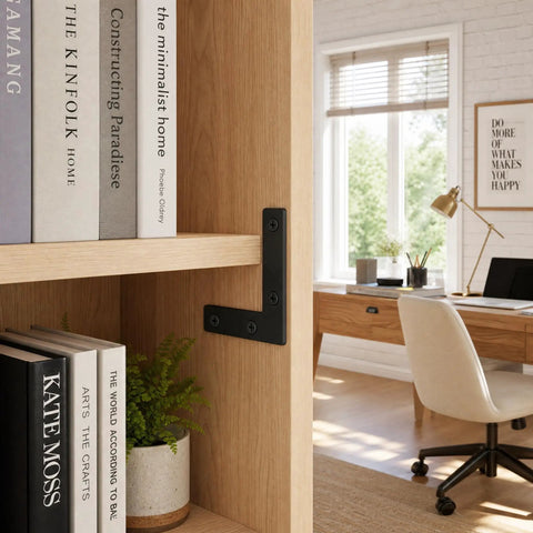 Flat Corner Braces For Wood Frames, 20 Piece Kit With L Brackets And Mending Plates seen on a bookshelf in a home office setting