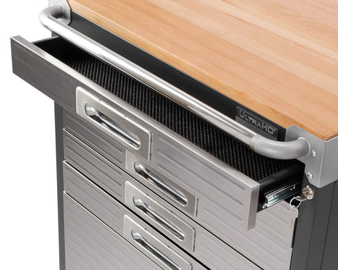 Heavy Duty Rolling Cabinet Workbench With Solid Wood Top, 6-Drawer Soft Close, Graphite Finish, open drawer view