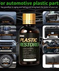 Quick On The Go Black Plastic Restorer For Cars Matte Black Trim Coating For Interior And Exterior Auto Parts Scratch Repair And Crystal Shine Easy Wipe On 30ml Bottle shown with automotive plastic part examples
