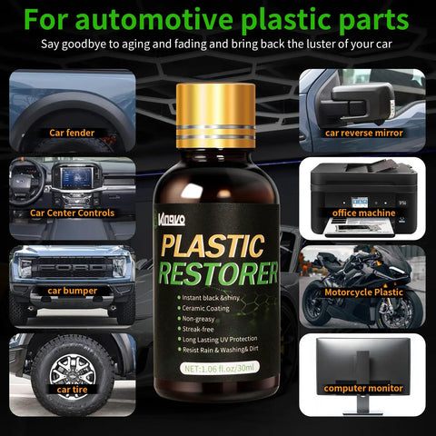 Quick On The Go Black Plastic Restorer For Cars Matte Black Trim Coating For Interior And Exterior Auto Parts Scratch Repair And Crystal Shine Easy Wipe On 30ml Bottle shown with automotive plastic part examples