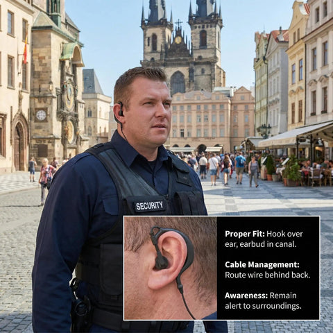 Security officer wearing Listen Only 3.5mm G Shape Earbud Earpiece With Over Ear Hook, city background