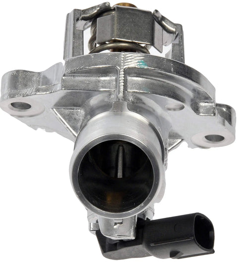 Bombproof Engine Coolant Thermostat Housing Assembly And Water Outlet Direct Fit Replacement viewed from the front, showcasing metal finish.