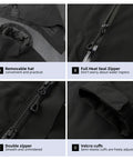 Four features of Three In One Womens Winter Ski Jacket: removable hood, full heat seal zipper, double zipper, adjustable Velcro cuffs