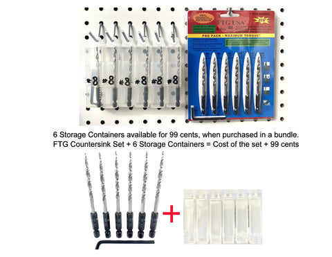 Top Shelf Six Piece Replacement Tapered Countersink Drill Bits In Heavy Duty 11 64 Inch Hex Shank With Easy Grip Wrench displayed with storage containers.