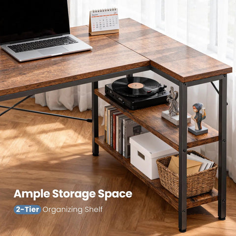 L Shaped Desk 47 Inch Computer Desk for Home Office and Gaming, Corner Desk With Reversible Storage Shelves, Rustic Brown