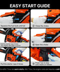 Easy start instructions for gas powered chainsaw with 20 inch and 18 inch bars, Easy Start 3.5HP Xtreme engine, auto oiler guide.