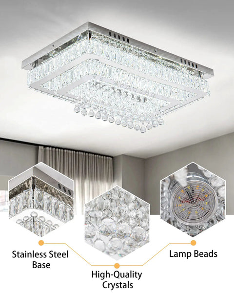 Modern Crystal Ceiling Light Chandelier With LED Fixture, rectangular 13.8 inch, stainless steel base, high-quality crystals, lamp beads.