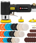 All In One Mini Random Orbital Air Sander Kit With 1, 2 And 3 Inch Heads, Pro Grade Pneumatic DA Sander Polisher displayed with accessories