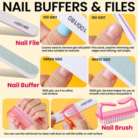Must Have Pro Grade Gel Nail Polish Remover Tools Kit nail buffers, files, and brush for easy at-home gel removal.
