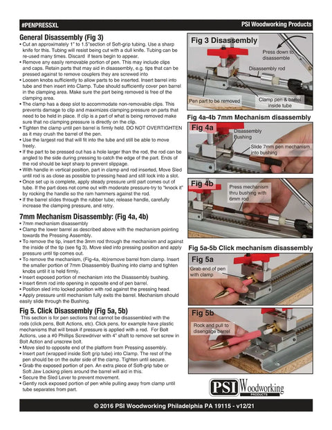 Instructional guide showing Pen Press XL For Assembly And Disassembly, this handy all in one tool with disassembly steps.