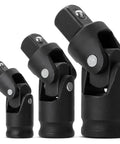 Universal Joint Impact Socket Set Three Piece With One Quarter Inch Drive, Three Eighths Inch Drive, And One Half Inch Drive, Heavy Duty Swivel Sockets In High Strength Steel For Auto, DIYers And Mechanical Jobs, Perfect For Manual Or Low Speed Power. Three black swivel sockets