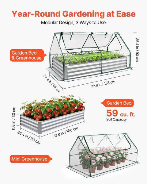 Six By Three Foot Metal Raised Garden Bed With Greenhouse Cover For Outdoor Use, Galvanized Planter For Veggies Flowers And Fruit, Three In One Garden System With Open Bed Or Standalone Greenhouse