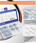 80Pcs Hitch Pin And Cotter Pin Kit With Six Sizes In 304 Stainless Steel Hairpin Fasteners shown with storage box.