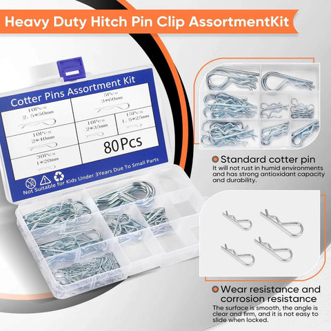 80Pcs Hitch Pin And Cotter Pin Kit With Six Sizes In 304 Stainless Steel Hairpin Fasteners shown with storage box.