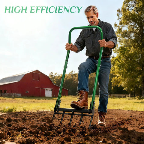 Person using Five Tined Broad Fork Garden Tool for Deep Digging and Soil Cultivation with heavy duty build in a farm setting