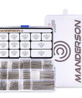 Front view: Manderson 185-piece stainless steel compression springs kit in clear case, 13 sizes