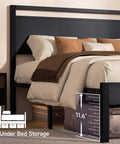 Modern Queen Bed Frame With Solid Wood Headboard And Metal Platform Base, Sturdy Industrial Style Sleeper with under-bed storage.